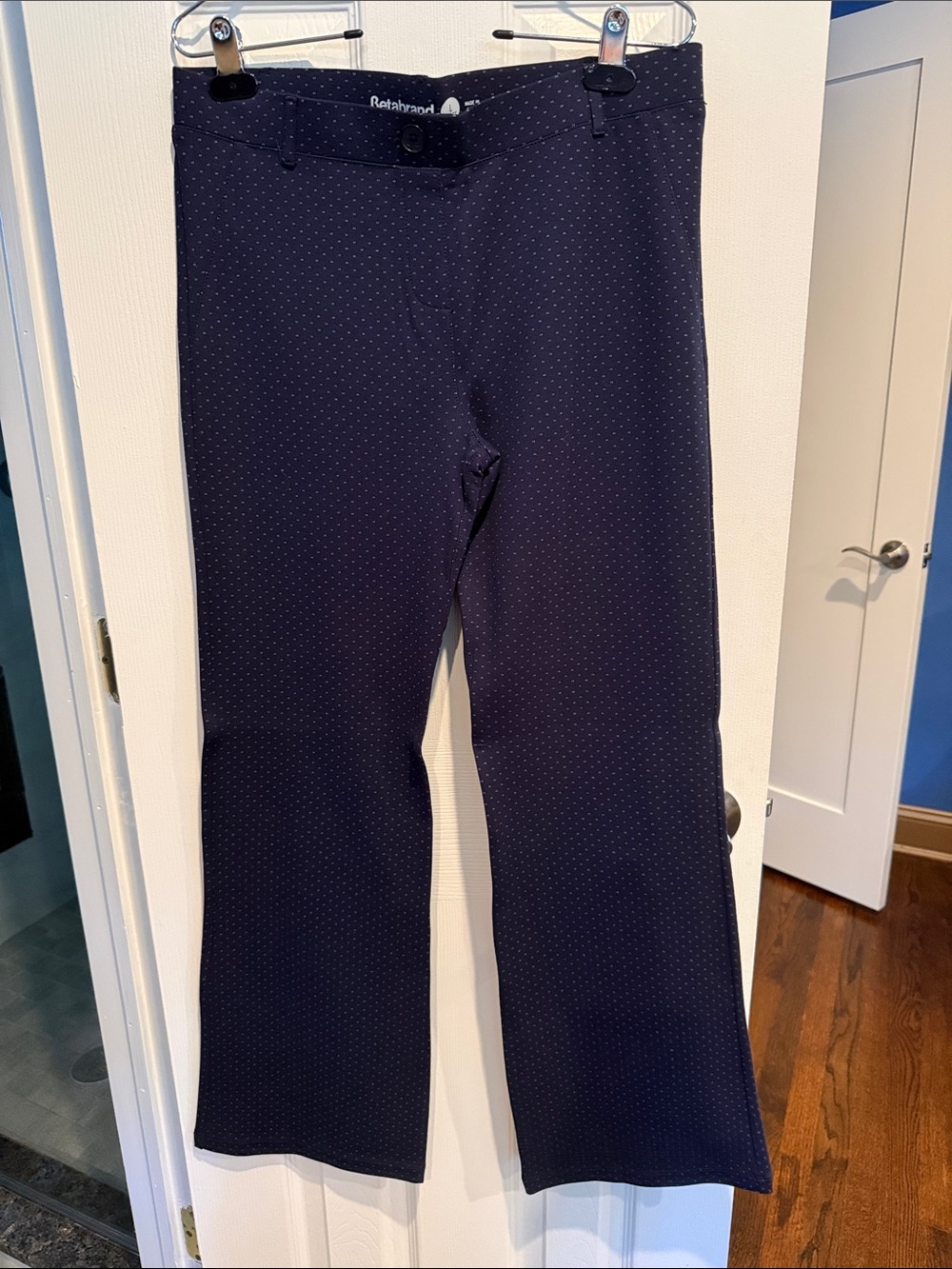 Betabrand Navy with White Microdot Boot-Cut Pants